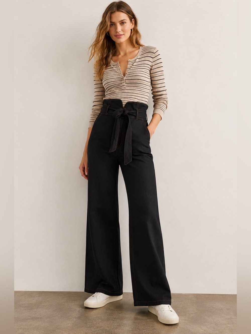 Anthropologie Maeve Irina Ponte Paperbag Wide Leg Pants Black Size 14 NWT